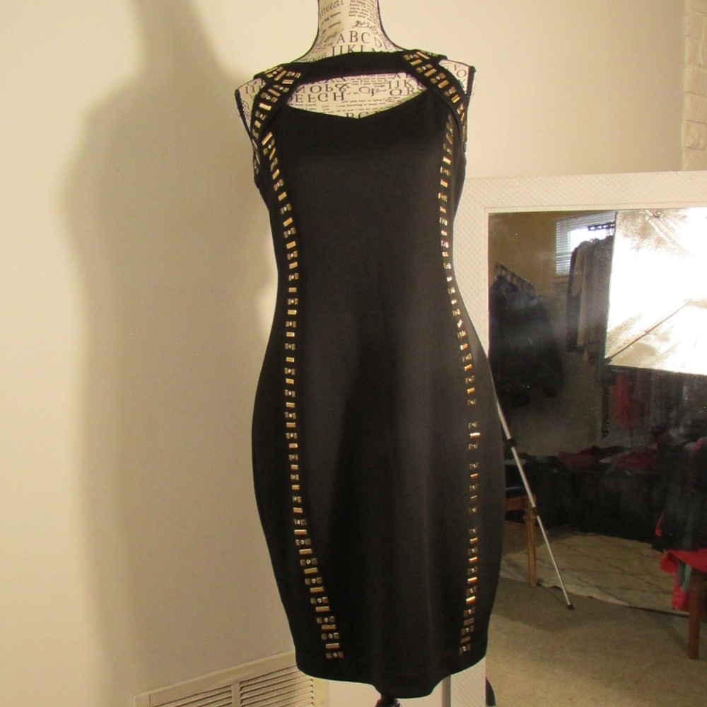 Sangria Black Midi Dress with Gold Accents